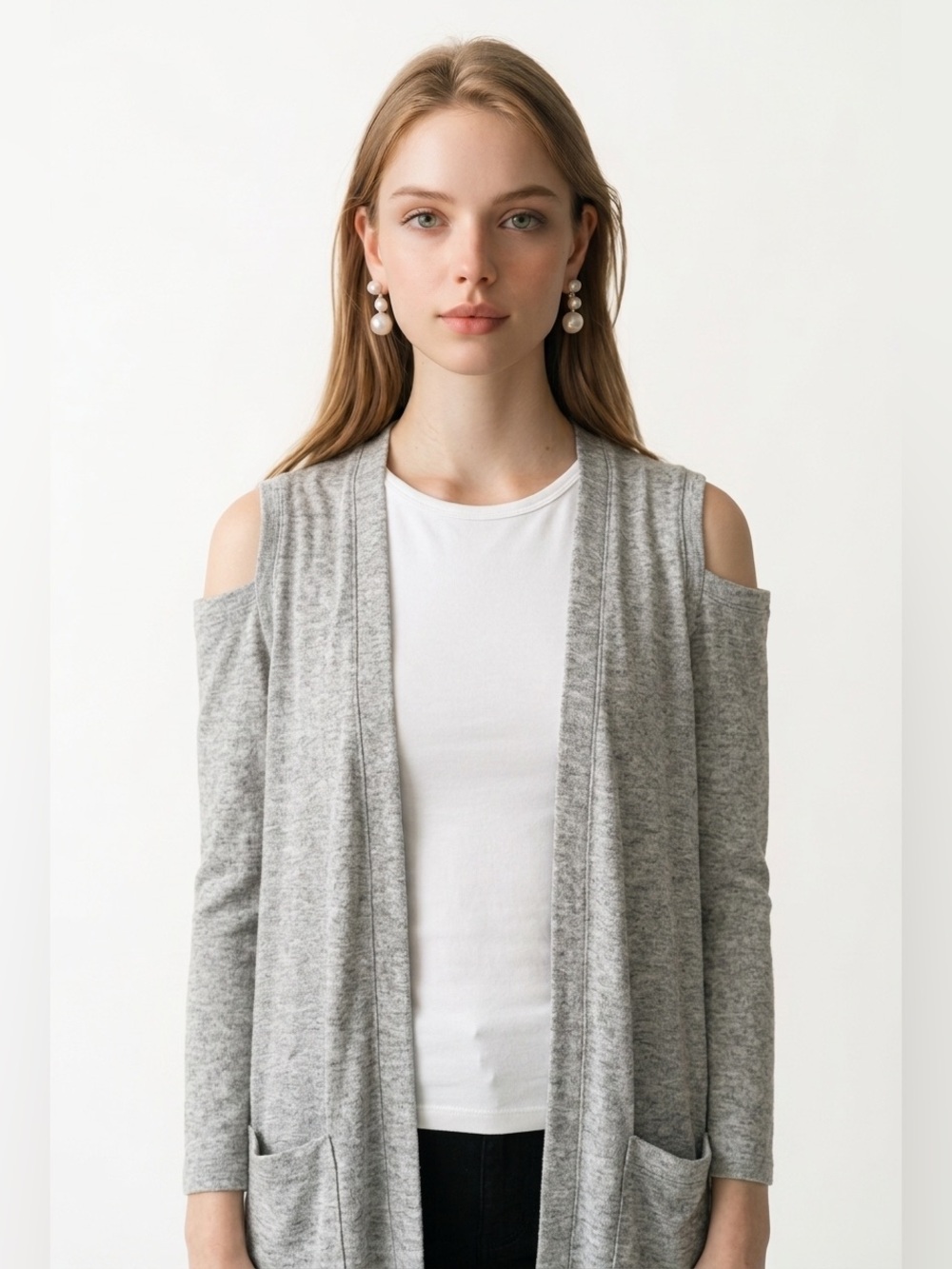 MOD REF | Cold Shoulder Cardigan Open Front Gray L